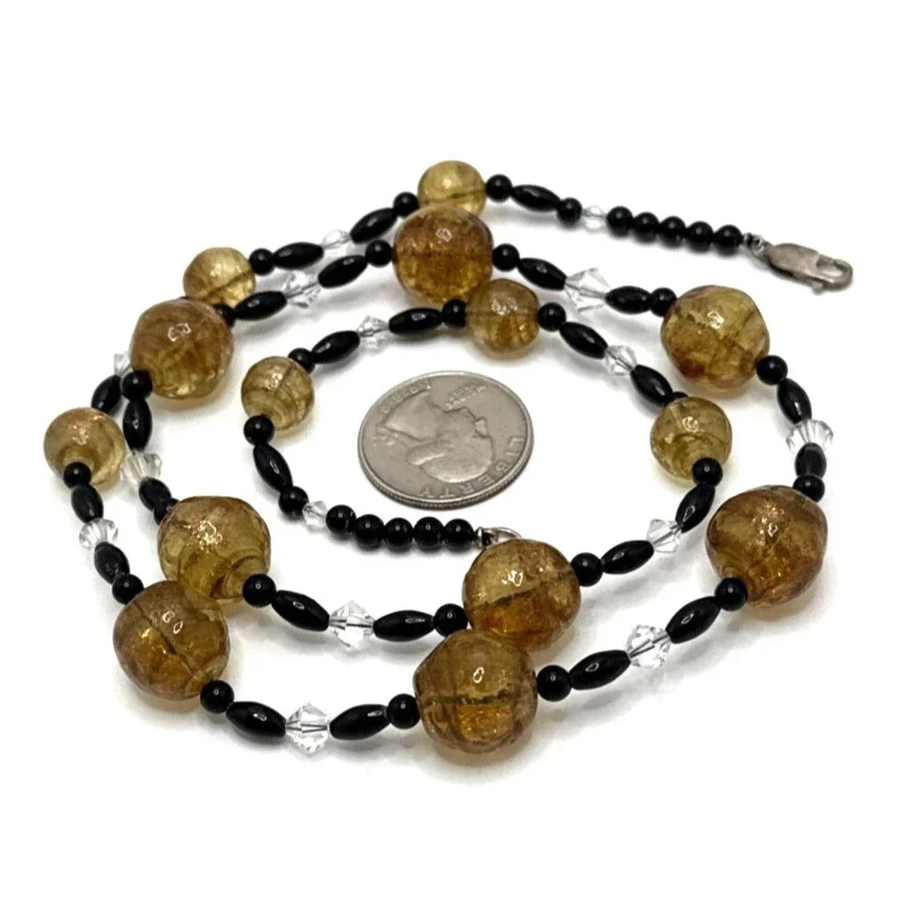 Lampwork Glass Bead Necklace Amber Black Crystal 925 Sterling Silver Clasp 26